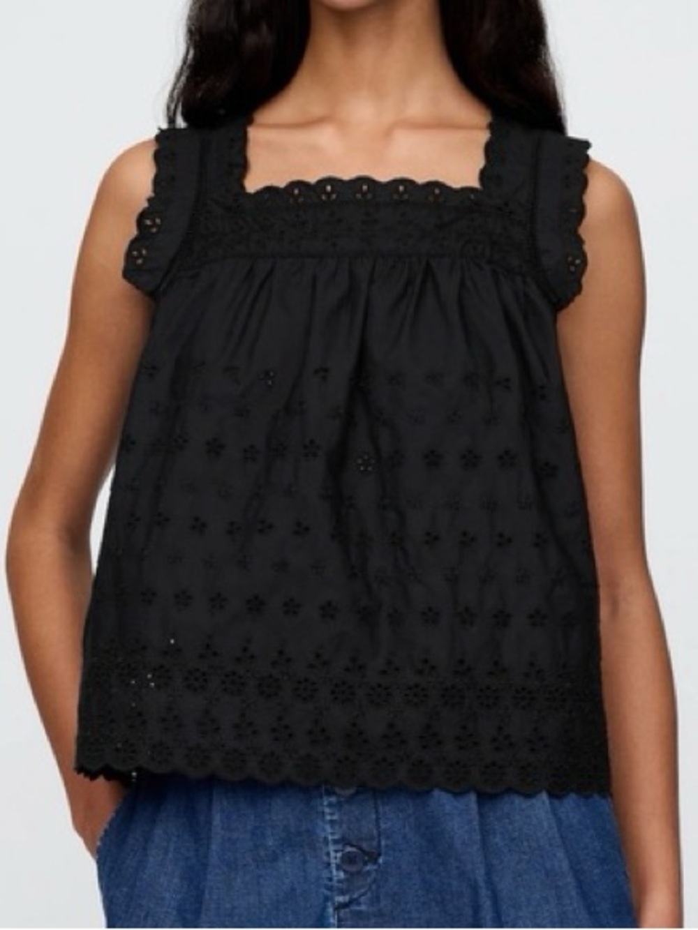 Eyelet Square-Neck Black Tank Top